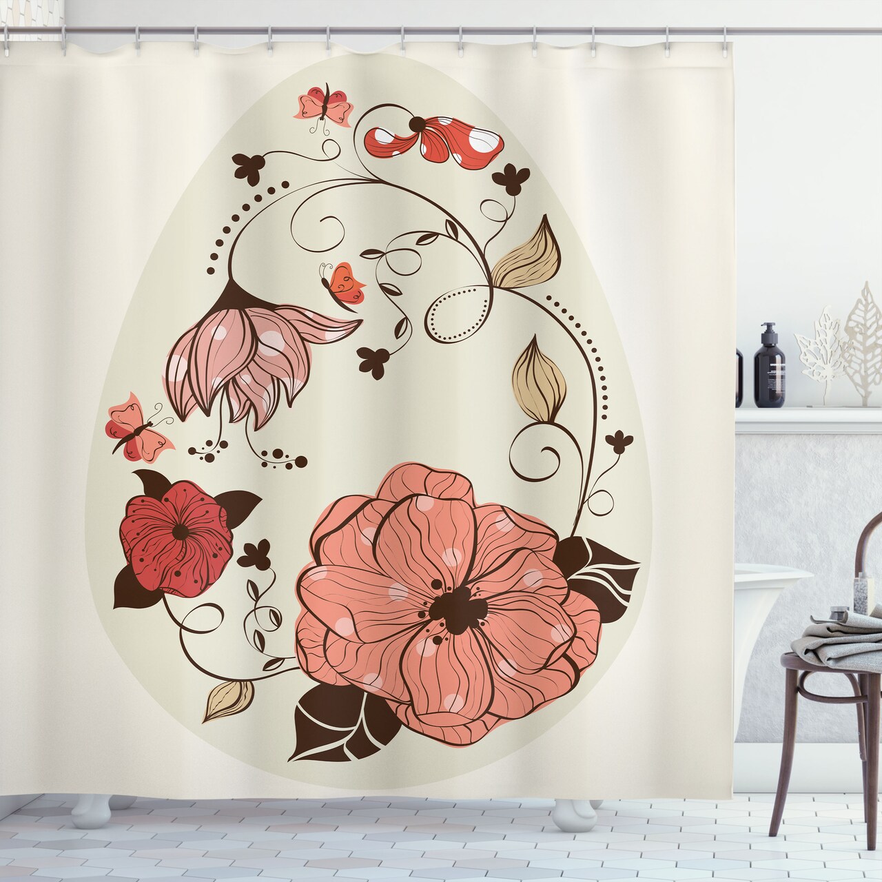 Ambesonne Vintage Shower Curtain, Nostalgic Design Butterflies Flower Petals Blossom and Curlicue Peduncles, Cloth Fabric Bathroom Decor Set with Hooks, 69" W x 70" L, Dust Multicolor